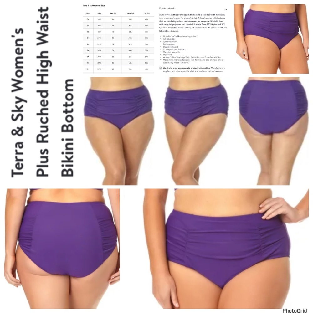 Terra and Sky 3X plus size purple ruched swim bottoms NWT